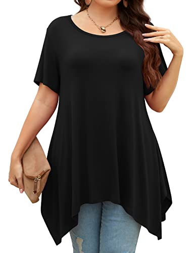 POPYOUNG Womens Summer Short Sleeve Tunic Tops Casual Swing Blouse Shirt XL, Black